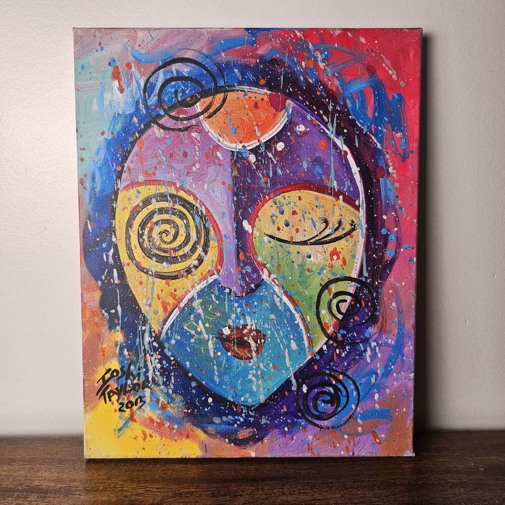 Original Abstract Acrylic Painting Signed Ioshi Taylor 2013 Colorful Face Canvas
